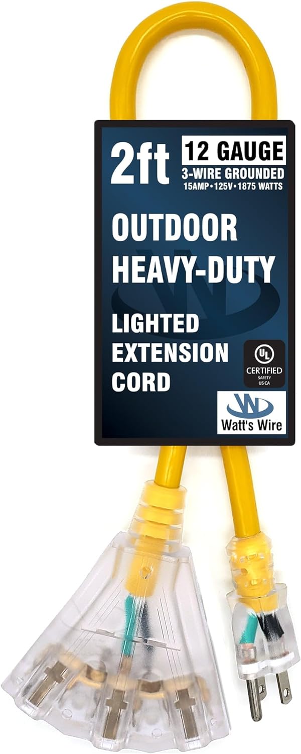 2 ft - 12 Gauge Heavy Duty Extension Cord - 3 Outlet Lighted SJTW - Indoor/Outdoor Extension_Cord by Watt's Wire - 2' 12-Gauge Grounded 15 Amp ExtensionCord Splitter