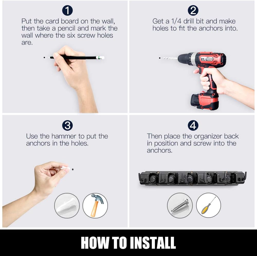 IMILLET Mop and Broom Holder, Wall Mounted Organizer-Mop and broom Storage Tool Rack with 5 Ball Slots and 6 Hooks (Black)