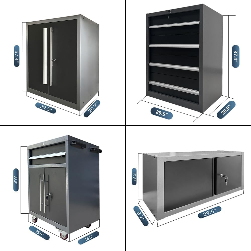 JZD Garage Storage Cabinet System, Lockable Tool Workbench Set for Workshop, Rolling Chest Included, Wall Mounting Not Necessary