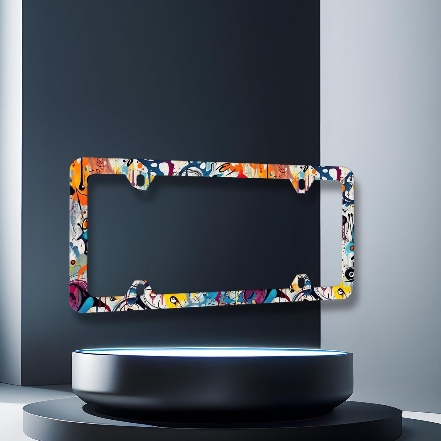 Abstract Graffiti Pattern License Plate Frame Colorful License Plate Stainless Steel Car Accessory Funny License Plate Auto Parts Decoration Men Women Size 12.2" x 6.2" with Screws