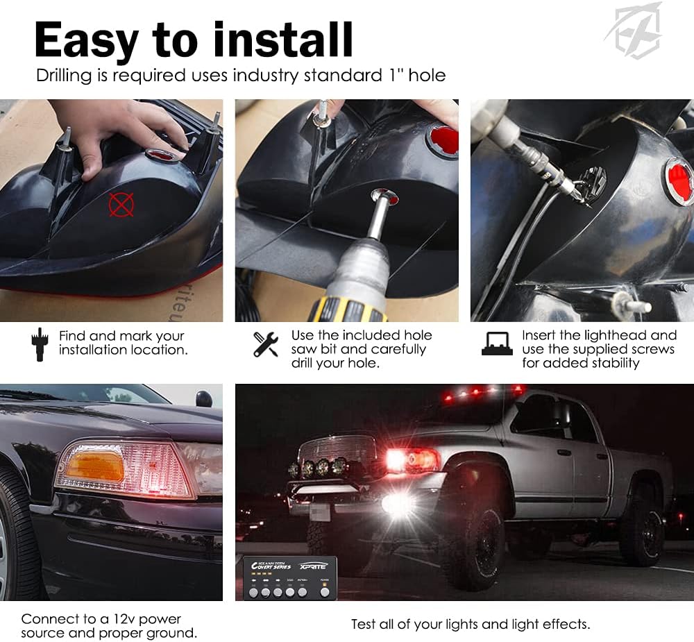 Xprite White Red LED Hideaway Strobe Lights Kit, 20 Flashing Patterns w/Control Panel Headlights Taillights Fog Light Interior Mounting, for Emergency Vehicles Firefighter Cars Trucks SUV 6PCS