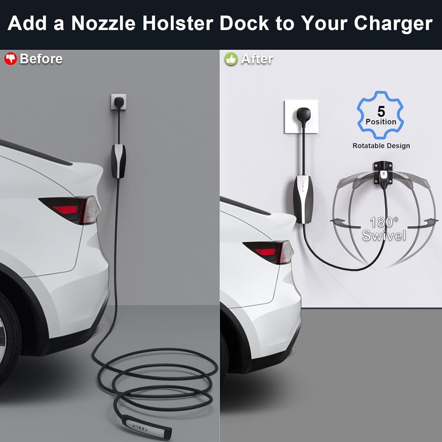 Tesla Charger Holder Wall Mount Tesla Mobile Connector Charger Holder, 5-Level 180° Swivel NACS Plug Nozzle Dock