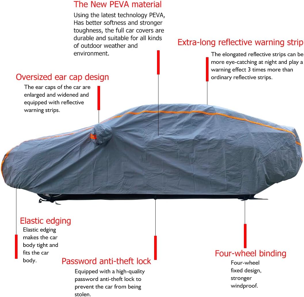 KEYOOG Universal Waterproof Heavy Weight Full Car Covers, Fit Pickup, All Weather, Outdoor Full Cover Weatherproof UV Sun Protection Snow Dust Storm Resistant with PEVA Cotton, Fit Length 180"-206"