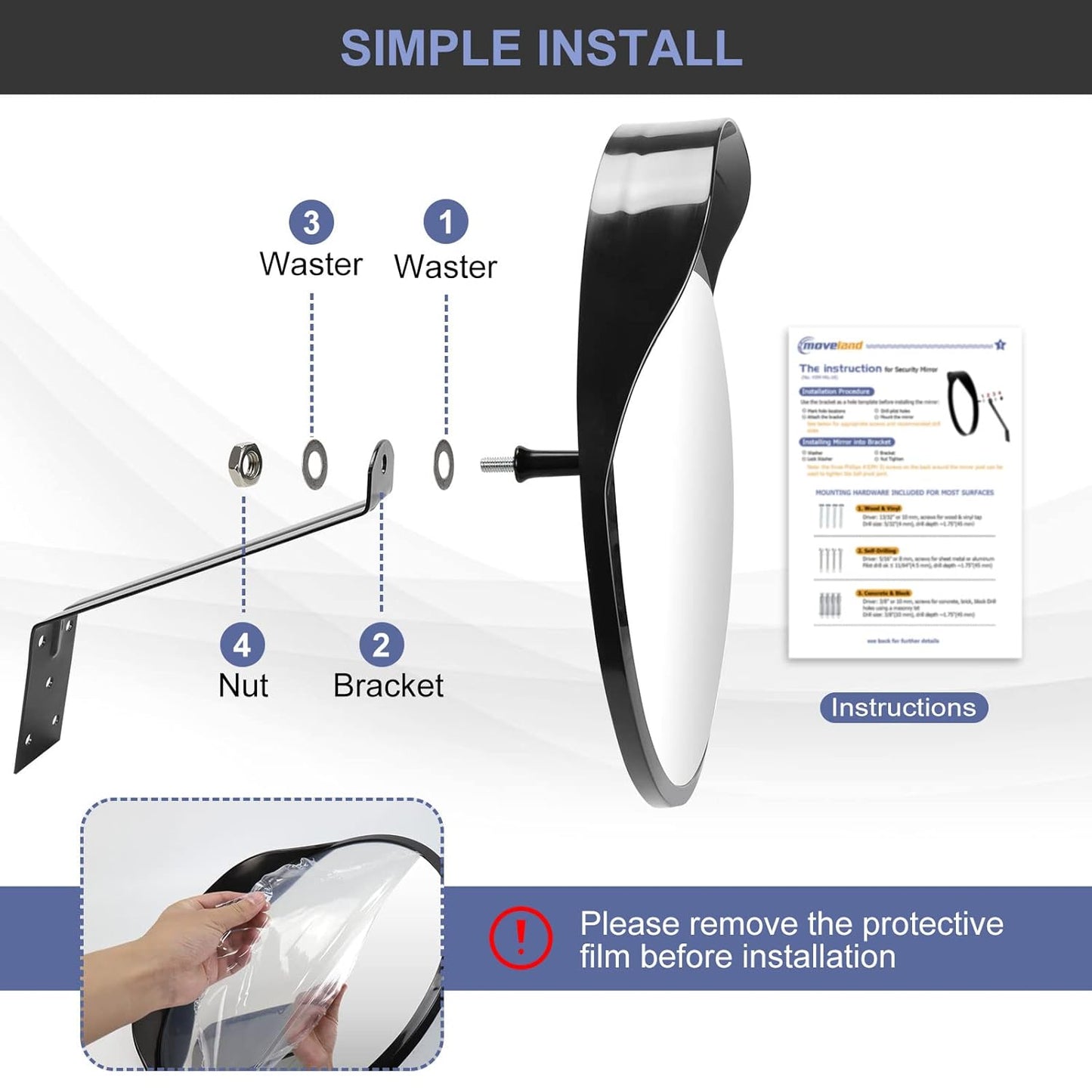 moveland 18 Inch Convex Security Mirror for Parking Assist, Adjustable Wide View Acrylic Convex Mirror for Garage, Blind Spot, Business, Office, Warehouse, Traffic (Support Indoor and Outdoor)