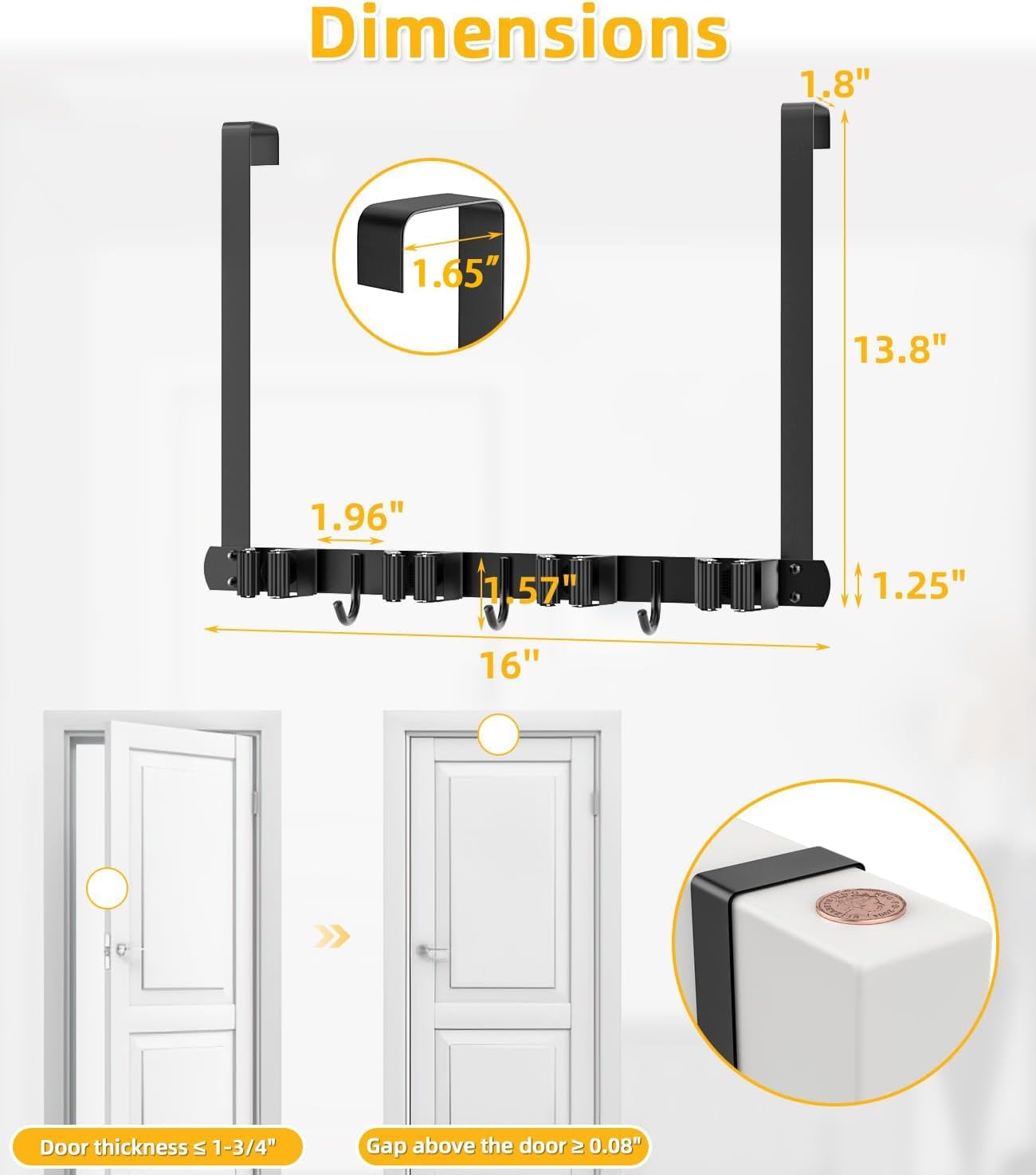 Broom Holder Over The Door 2Pack - 304 Stainless Steel Mop and Broom Hanger Wall Mounted or Hanging Over The Door with Hooks - Tool Organizer for Garage Closet Laundry Kitchen Decor
