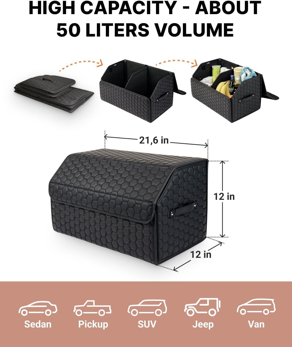 Trunk Organizer For Car - Collapsible Storage Bins - Keep Groceries, Sports Gear & Tools Secure On Road Trips - Best Gifts for Men - Heavy Duty Cargo Tote (Black 21.6)