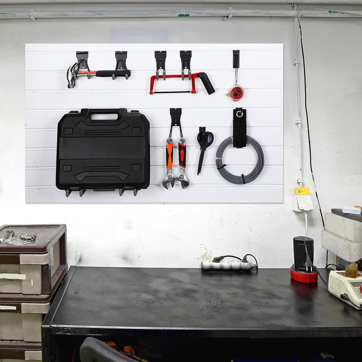 Landhoow 36 Pcs Slatwall Hooks & Hangers 32 Heavy Duty Slat Wall Hanging Hooks with 4 Storage Straps Assortment Slatwall Accessories for Storage Garage Wall Organization Garden Home (Grey)