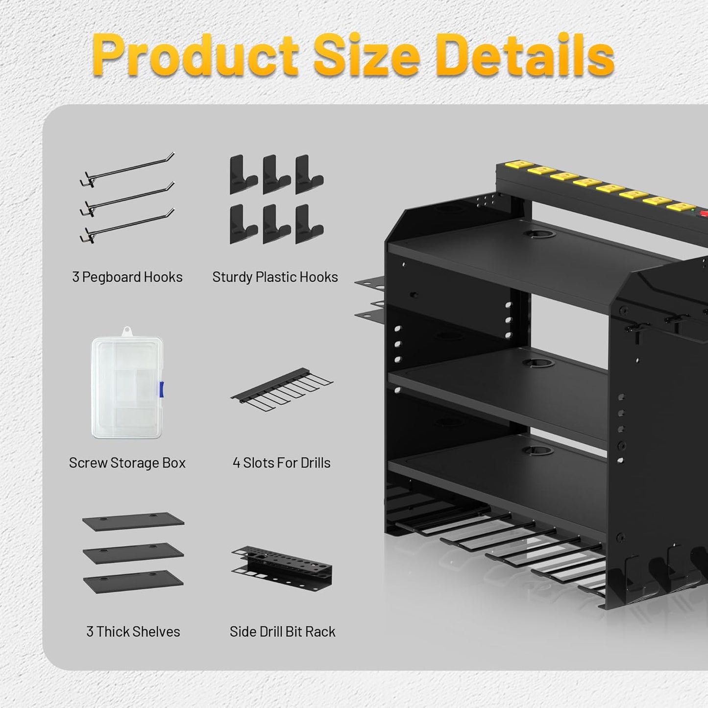4-Layer Wall-Mounted Power Tool Organizer Rack,Heavy Duty Adjustable Shelves Organizer for Cordless Power Tool Batteries,Space-Saving Garage & Workshop Charging Station 8 Outlets Power Strip