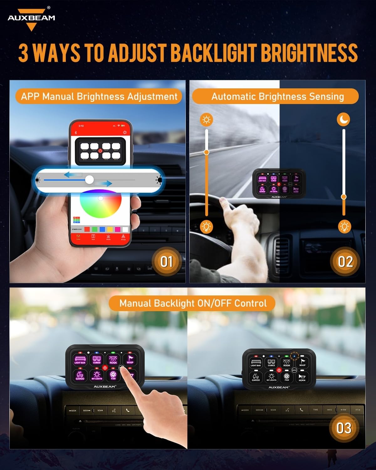 Auxbeam 8 Gang Switch Panel Bluetooth RGB AC-800 with APP&Remote Control Toggle Momentary Pulsed Switch Pod Off Backlight for Truck Offroad UTV ATV Car Marine 12-24V Waterproof 2 Years Warranty