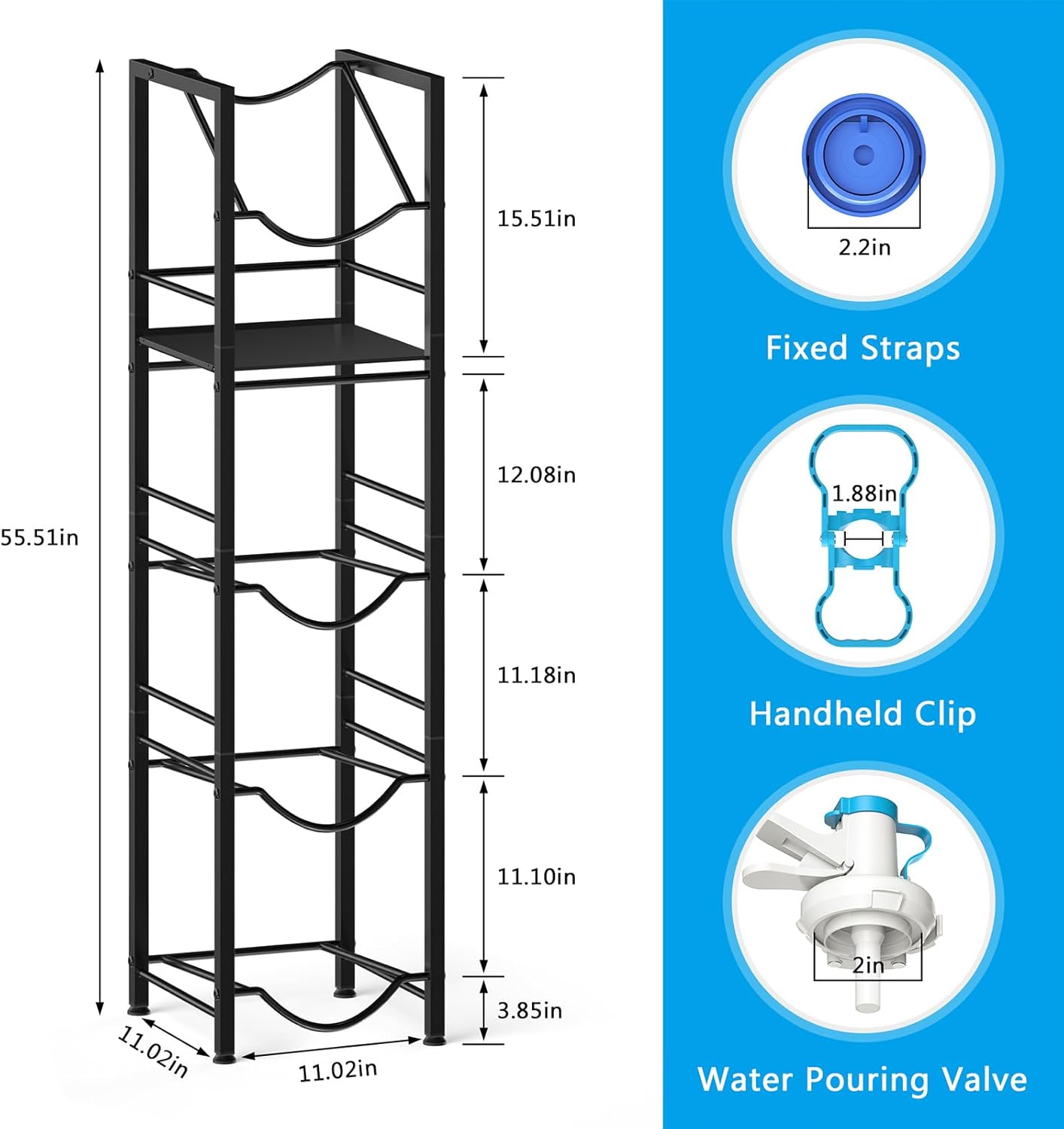 2-In-1 5 Gallon Water Jug Holder, 5 Tier Water Jug Stand Holder with 1 Dispenser Valves, 5 Gal Water Bottle Storage Rack Organizer for Kitchen, Office, Garage