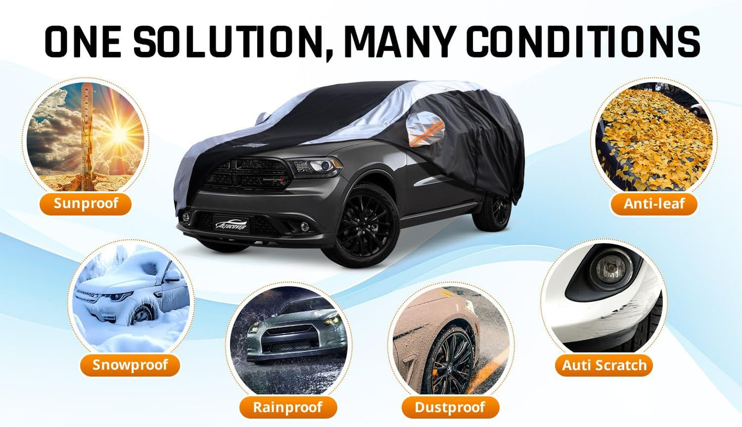 Dodge Durango Car Cover Waterproof All Weather with Silver Strip Design, Custom Fit for Dodge Durango 2005–2025, Durango Accessory with Door Zipper & Windproof Straps