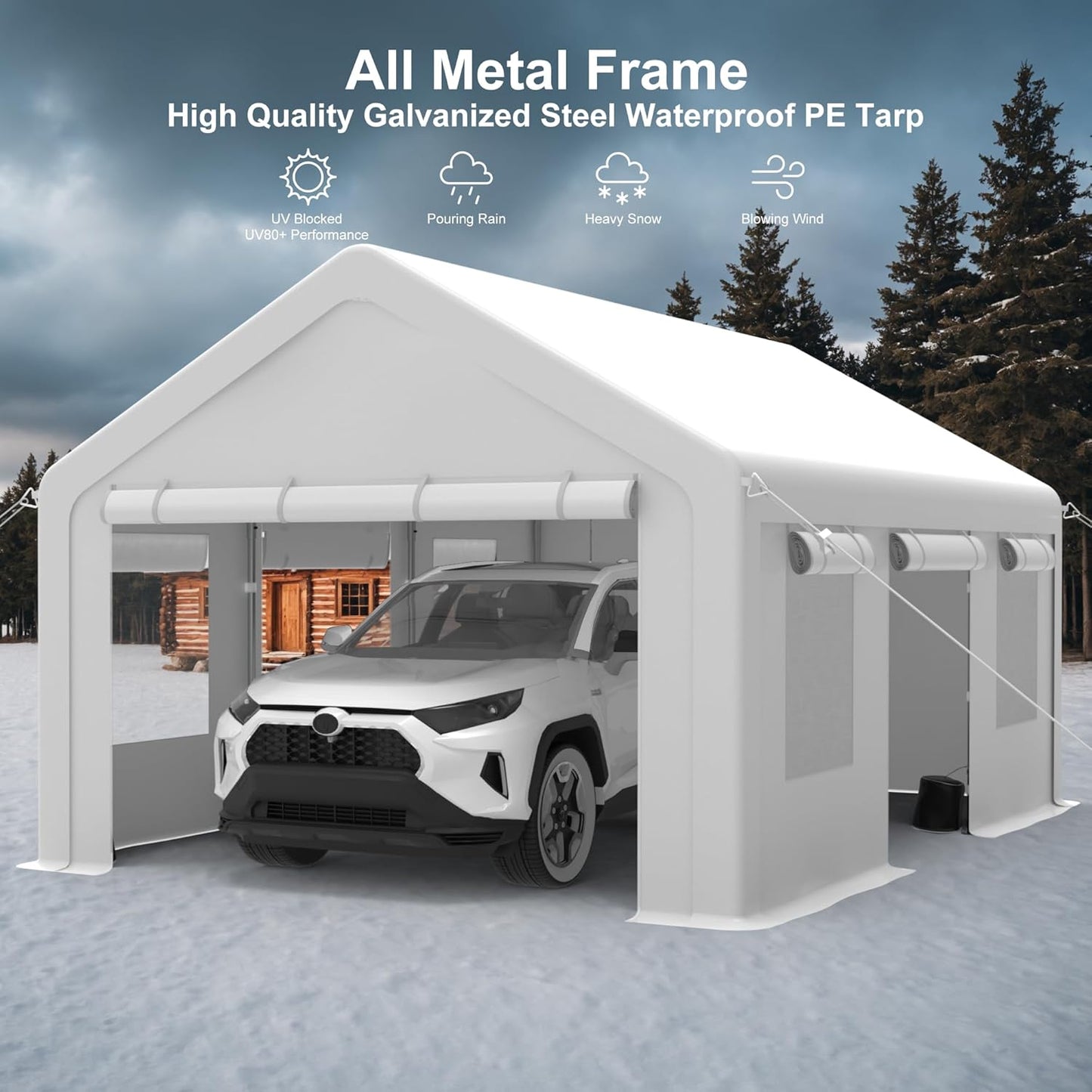 Heavy Duty Carport, Portable Garage with 4 Doors & 4 Window,Upgraded Carport with Reinforced Steel Poles, Uv Resistant All-Season Waterproof Tarp, for Car, Truck, Boat