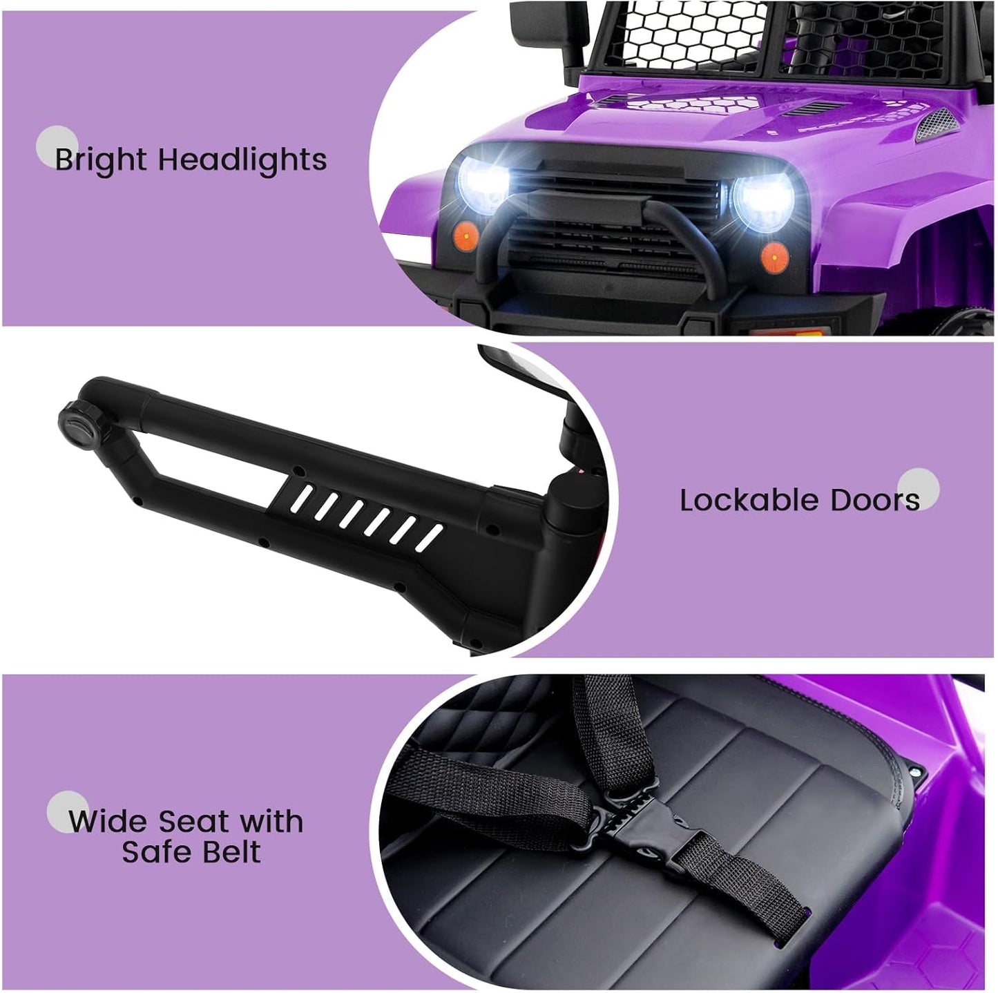 OLAKIDS Kids Ride On Truck, 12V Electric Vehicle Jeep Car with Remote Control, Toddlers Battery Powered Toy with 2 Speeds, Spring Suspension, Double Open Doors, LED Light, Music, TF, USB, Mp3 (Purple)