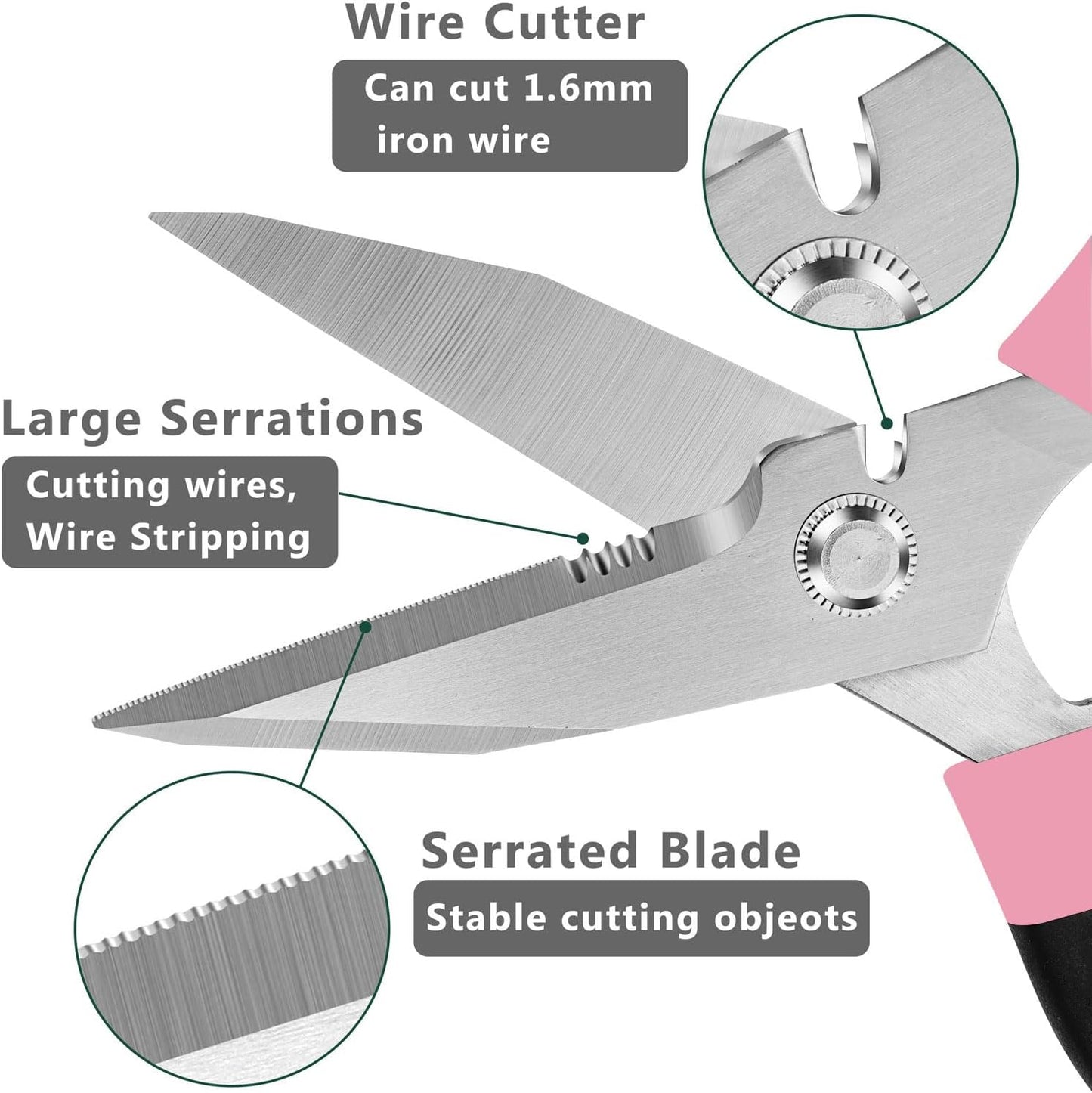 Heavy Duty Scissors Multipurpose - Sharp Utility Scissors All Purpose, Easy Cutting Carpet, Cardboard, Wires, Leather, Fabric(8'' Pink)