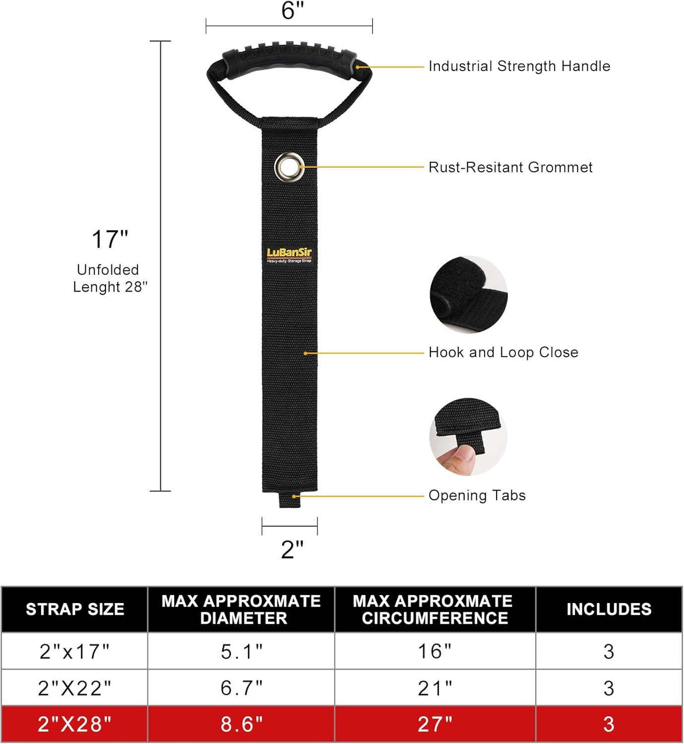 LuBanSir 3 Pack Extension Cord Organizer, 28" Portable Hook and Loop Storage Straps with Grommet Fit Extension Cords, Cables, Ropes, Garden Water Hoses Carrying and Hanging