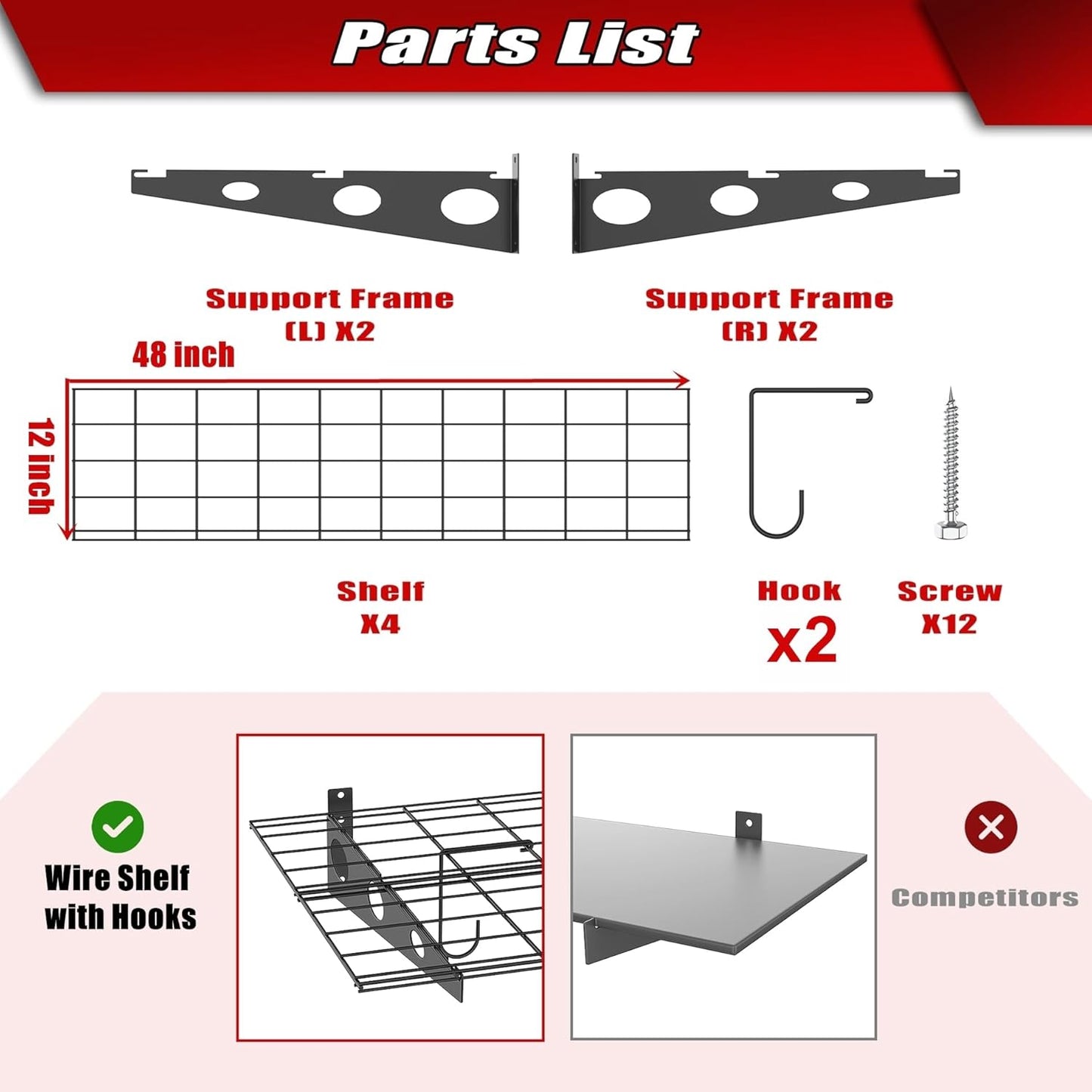 WALMANN 2 Pack Garage Wall Shelves, 2 x 4 ft/24 * 48 inch Wall Mounted Storage Shelves for Garage Heavy Duty Wall Shelving, Holds Up to 220 Lbs(Black)