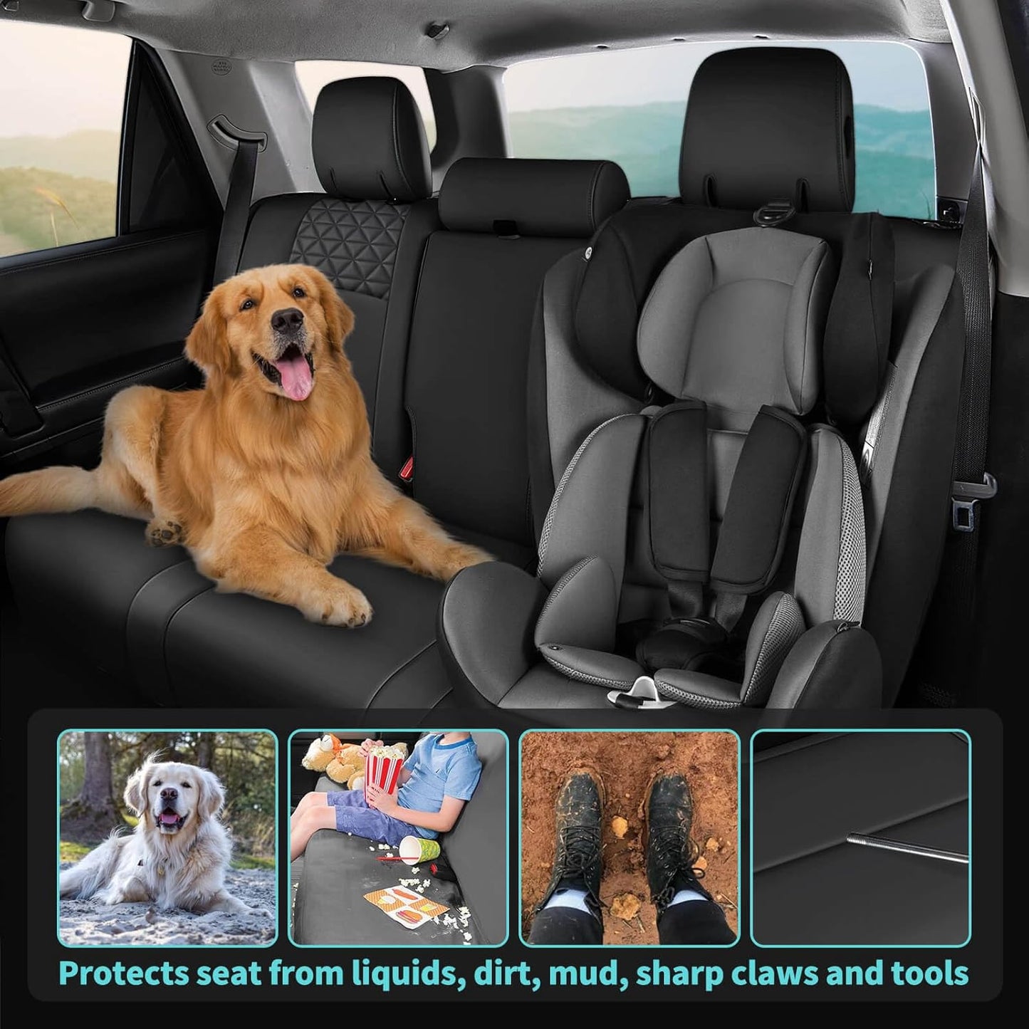 Seat Covers for Toyota 4Runner 2011-2024, Faux Leather Car Seat Cover Full Set, 3-Row-Only for 7 Seats Version-Black