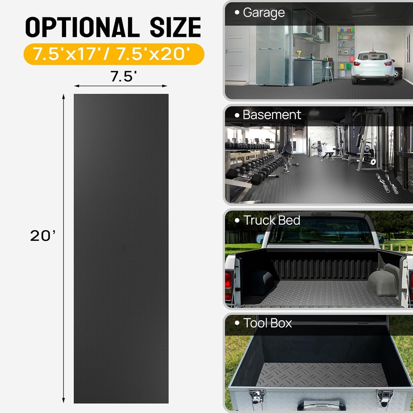 TUFFIOM 7.5 x 20 FT Garage Floor Mat, Thickened Diamond Plate PVC Garage Mats Flooring Roll for Under Car, Garage Car Parking Mats for Compact SUVs, Sports Car