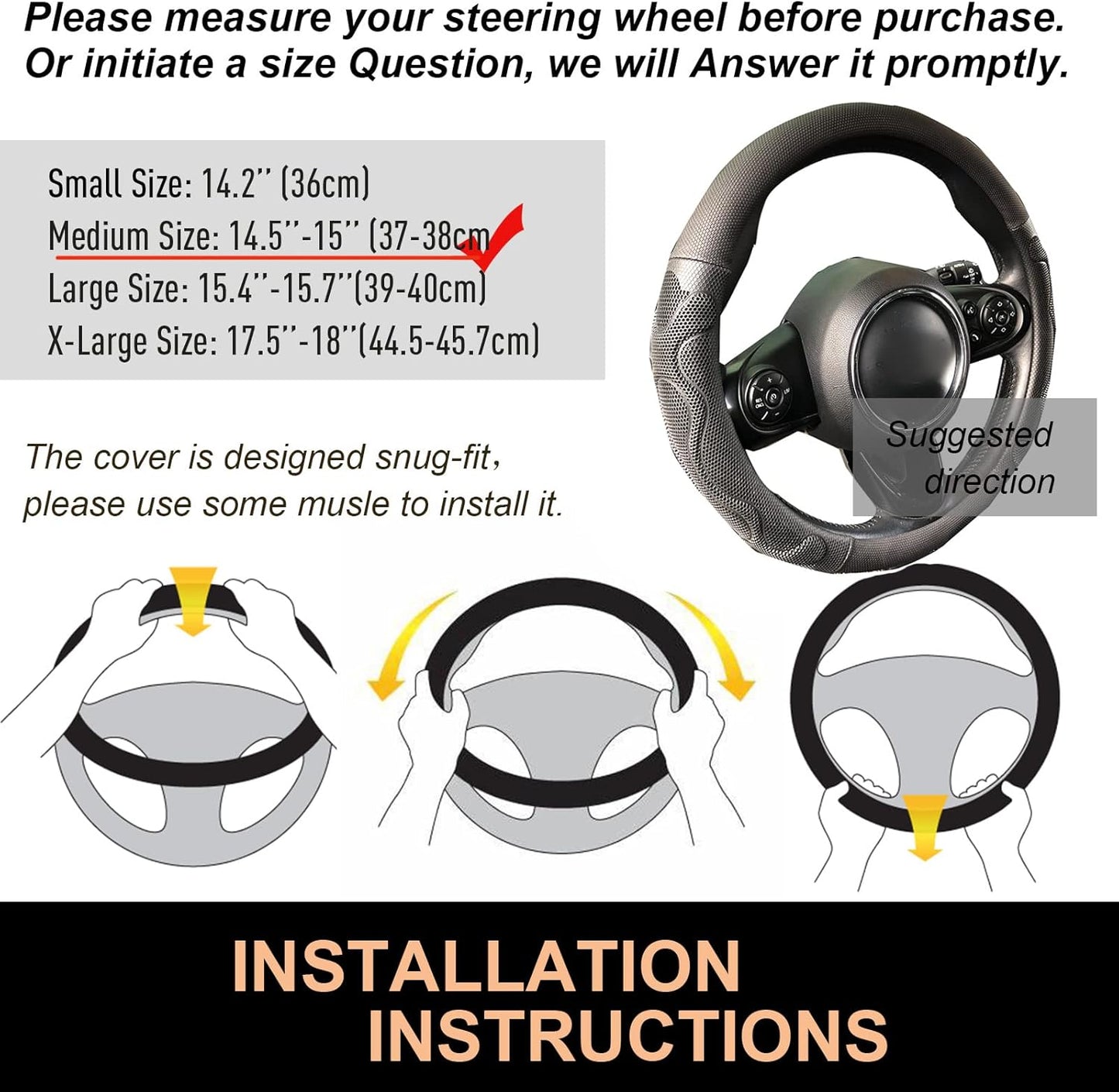 PINCTROT Comfy Grip Steering Wheel Cover, Anti-Slip Design, Universal 14.5-15 Inch(Silicone Black)