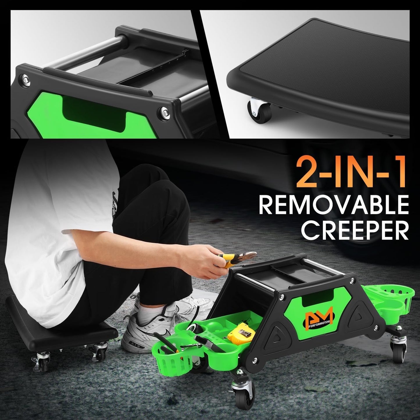 PM PERFORMOTOR Mechanic Stool - 25-1/2" x 13" x 12" (L x H x W), Rolling Work Seat w/Lockable Swivel Wheels and Storage Tool Tray, Green,PM-TOL-CRS-GR