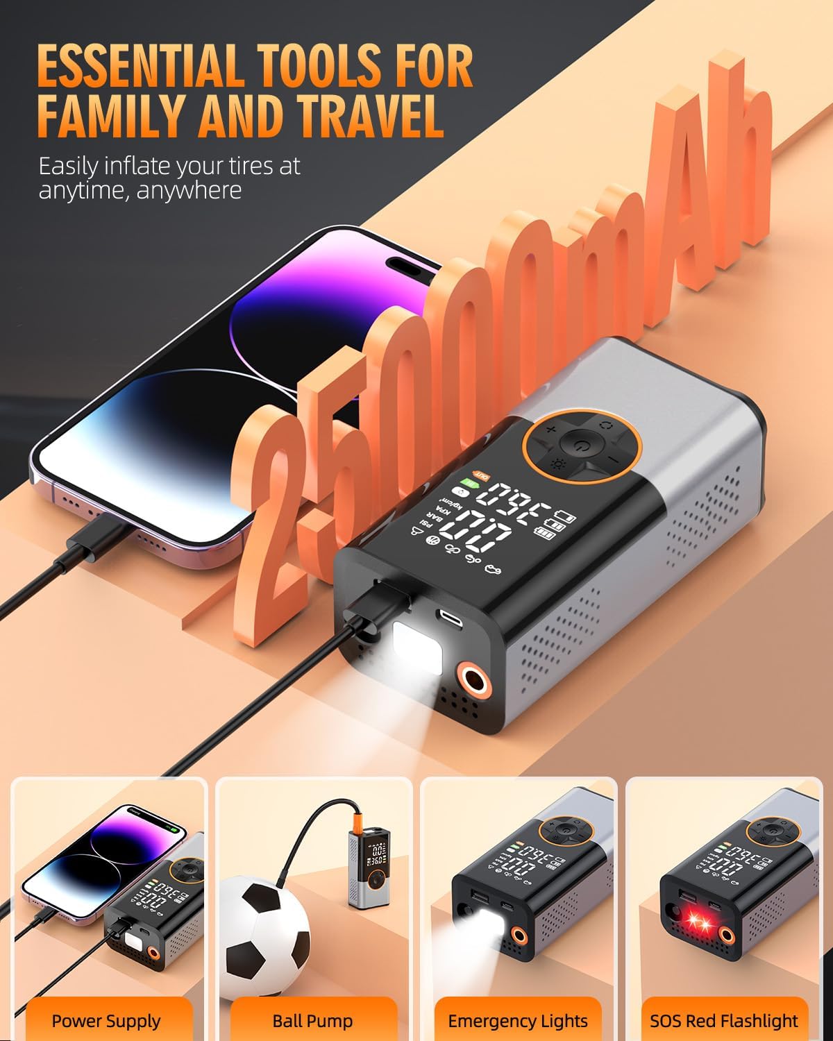 Tire Inflator Portable Air Compressor, 150PSI & 2X Faster Air Compressor with Digital Pressure Gauge, Portable Air Pump for Car, Motorcycle, Bicycle and Ball