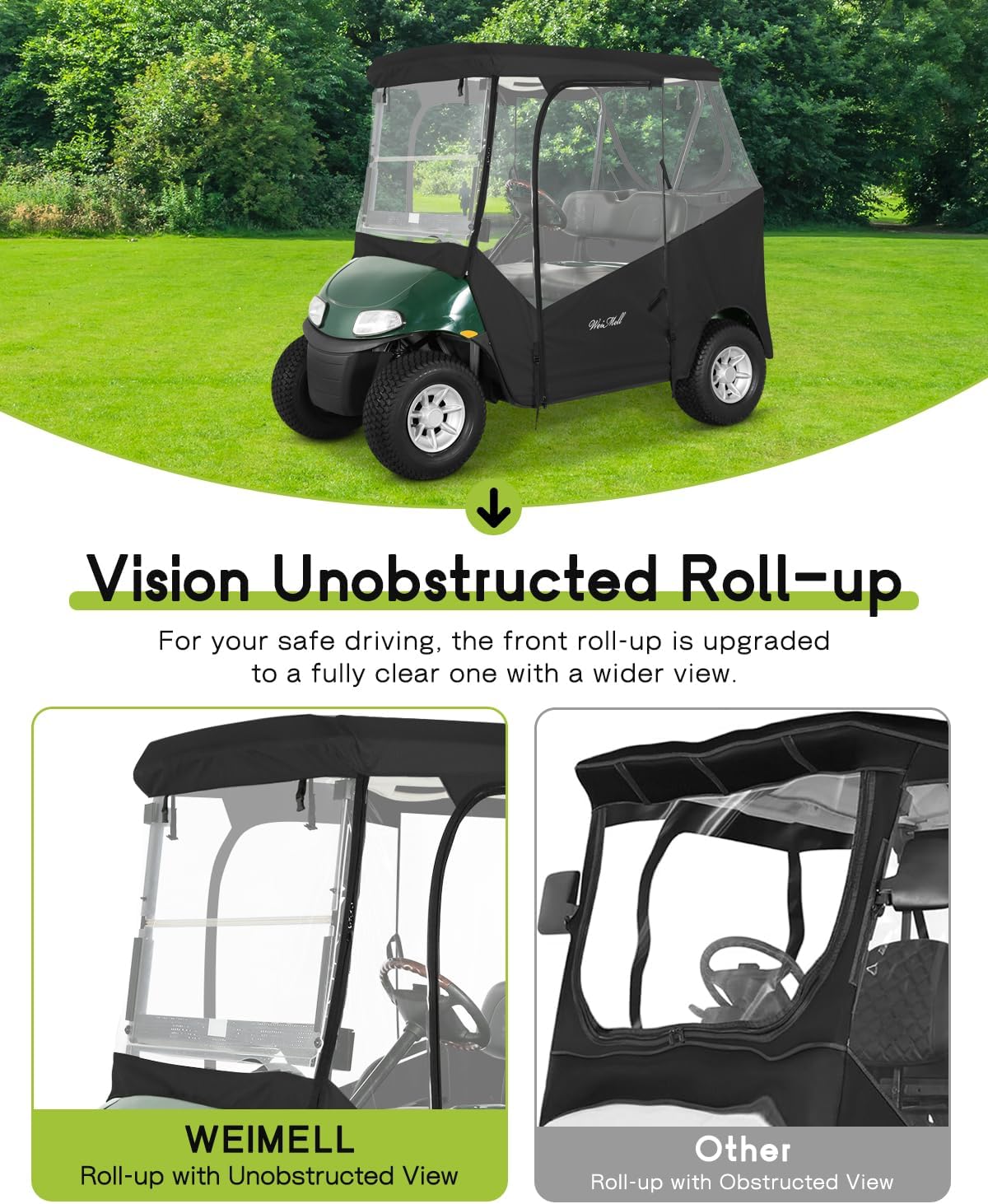 Golf Cart Enclosure 2 Passenger for EZGO TXT & RXV 2-Person Seaters Waterproof Transparent Driving Rain Enclosure Cover with 4-Sided Clear Windows Mirror Zipper Roll-Up Door Black