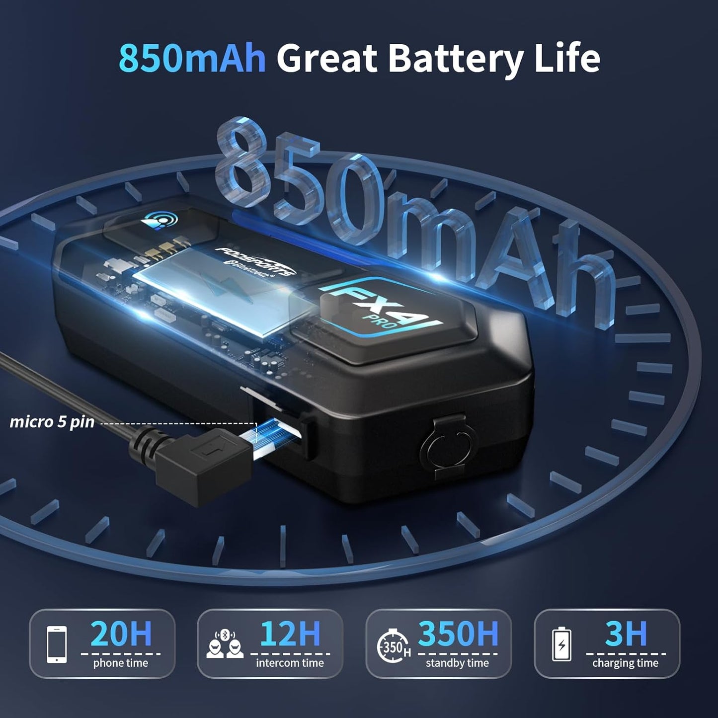 Fodsports Motorcycle Bluetooth Intercom FX4 Pro 1200m Helmet Intercom, 4 Riders Motorcycle Bluetooth Headset, Helmet Communication System FM/Hard &Soft Mic/1Pack