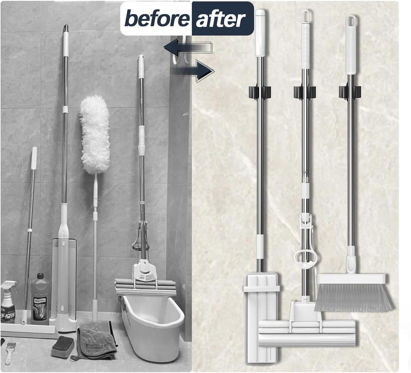 3-H Stainless Steel Broom Holder Wall Mount 4-Pack-Heavy Duty Mop Organizer, Wall Mounted Broom Storage with Secure Mounting for Laundry Garage Bathroom