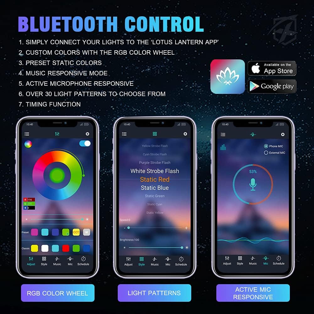 Xprite RGB LED Rock Lights Wide Angle Bluetooth Multicolor Neon Lighting Footwell Underglow Kits w/Wireless Remote, Compatible Jeep Off-Road Trucks Cars UTV ATV SUV RZR Motorcycles Boats 6 Pods