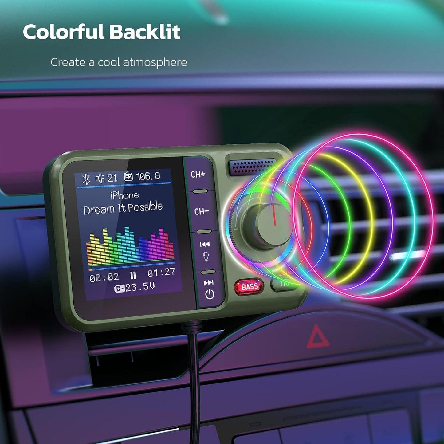 Nulaxy Bluetooth FM Transmitter for Car, Wireless Car Bluetooth Adapter with Big Color Screen, Support QC3.0 Fast Charging, Hands-Free Call, MP3 Music Player BASS&TRE Booster, TF Card AUX-KM28 Green