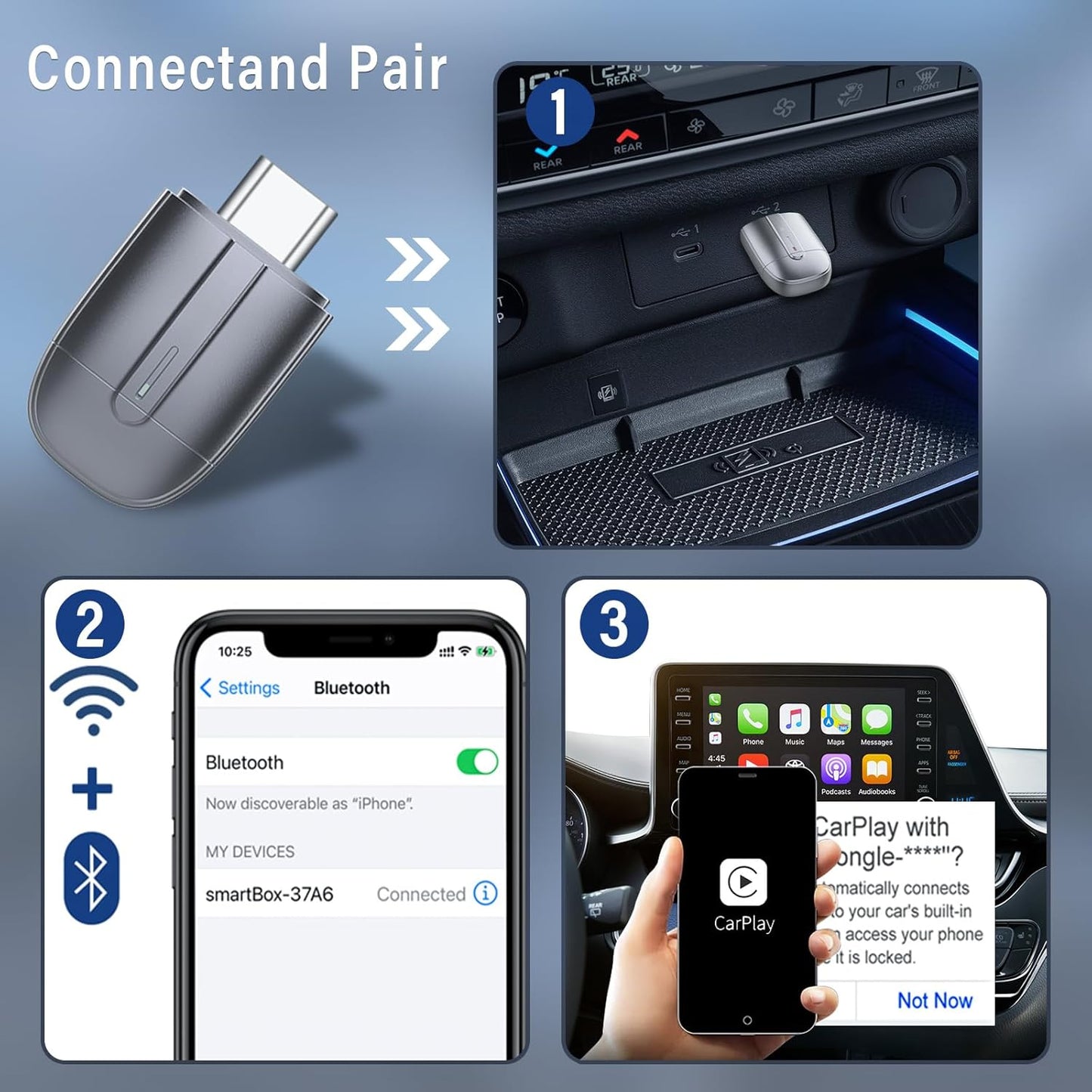 Wireless CarPlay Adapter for Apple, Easy to Upgrade Wired CarPlay to Wireless, Plug & Play, Mini Size with USB A & Type-C, Bluetooth Wireless Control Adapter for Cars from 2017 and iOS 10+ (Silver)