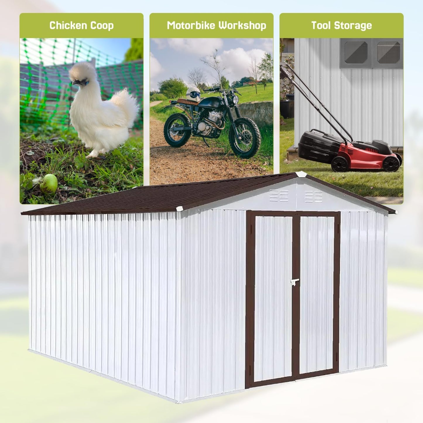 10' x 8' XL Outdoor Storage Shed, Sturdy Metal Building w/Lockable Doors for Garden, Backyard, Poolside and Lawn, Brown+White