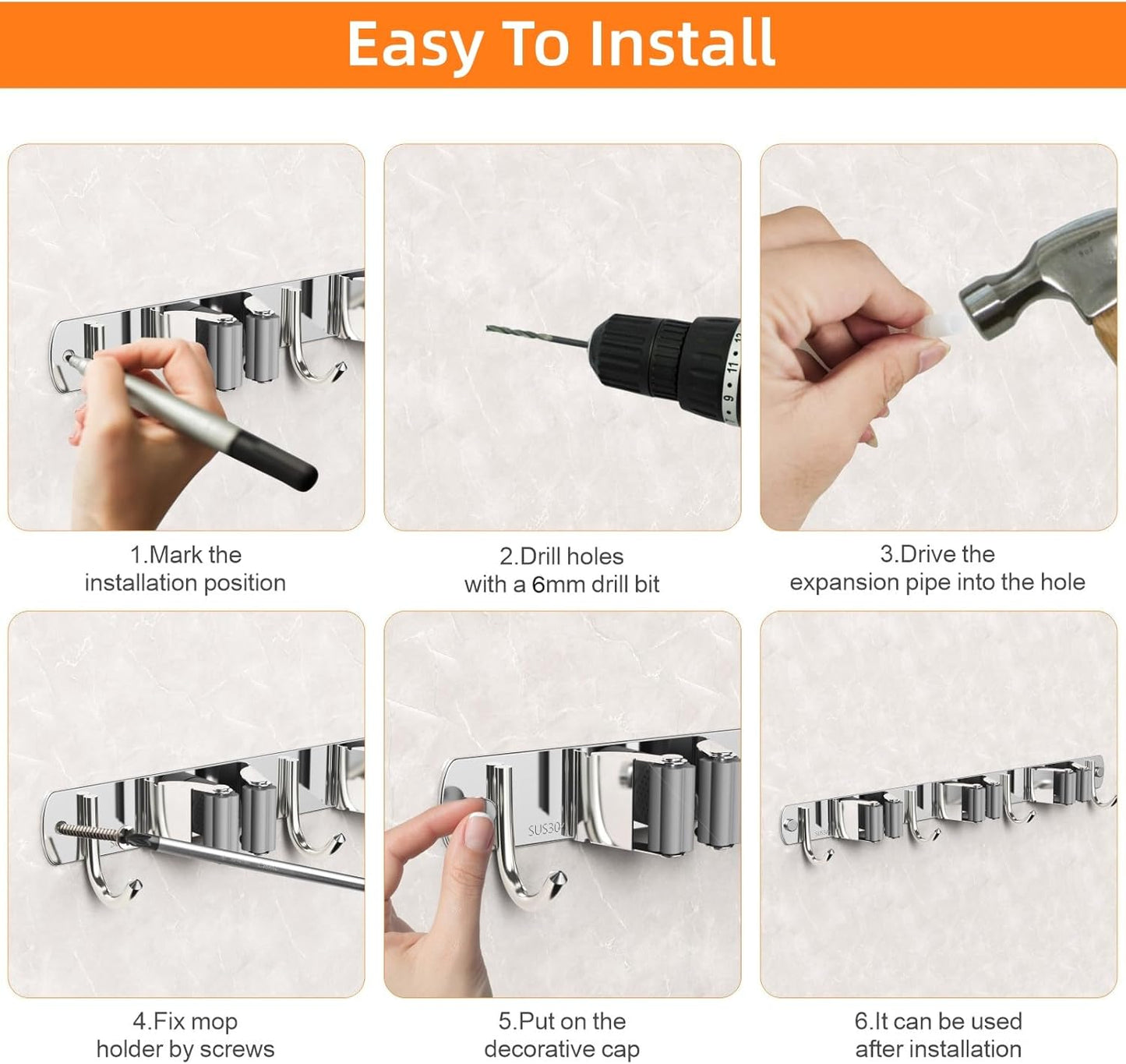 Mop and Broom Holder Wall Mount, Upgraded Broom Organizer Wall Mount, Stainless Steel Broom Hanger Wall Mount for Home Kitchen Garden Laundry Garage (4 Racks with 5 Hooks Silver)