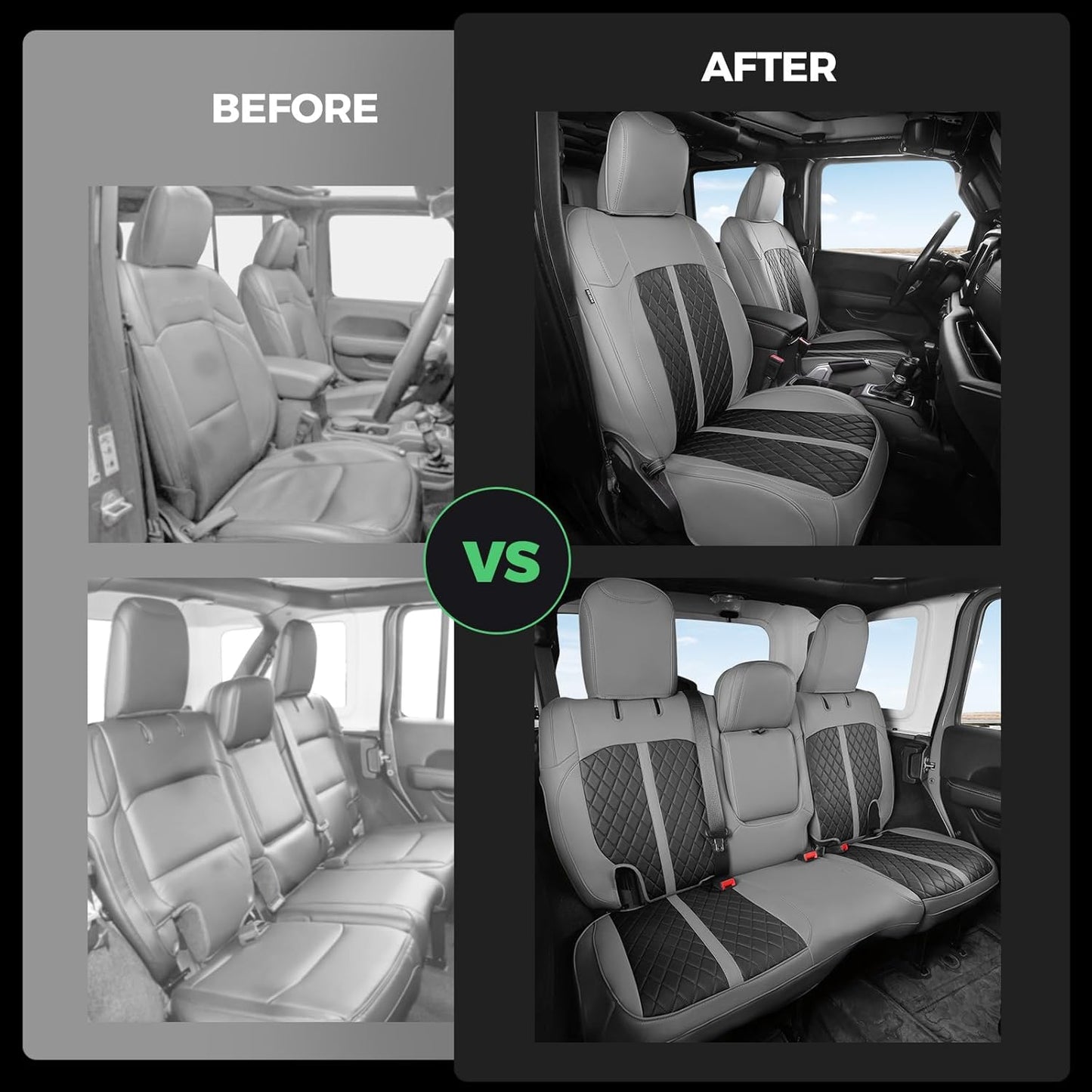 for Jeep Wrangler Seat Covers 4Door JL 2018 2019 2020 2021 2022 2023 2024 2025, Custom Fit Car Seat Cover Full Set, Luxury Waterproof Leather Seat Protectors, Gray Black, With Rear Cup Holder