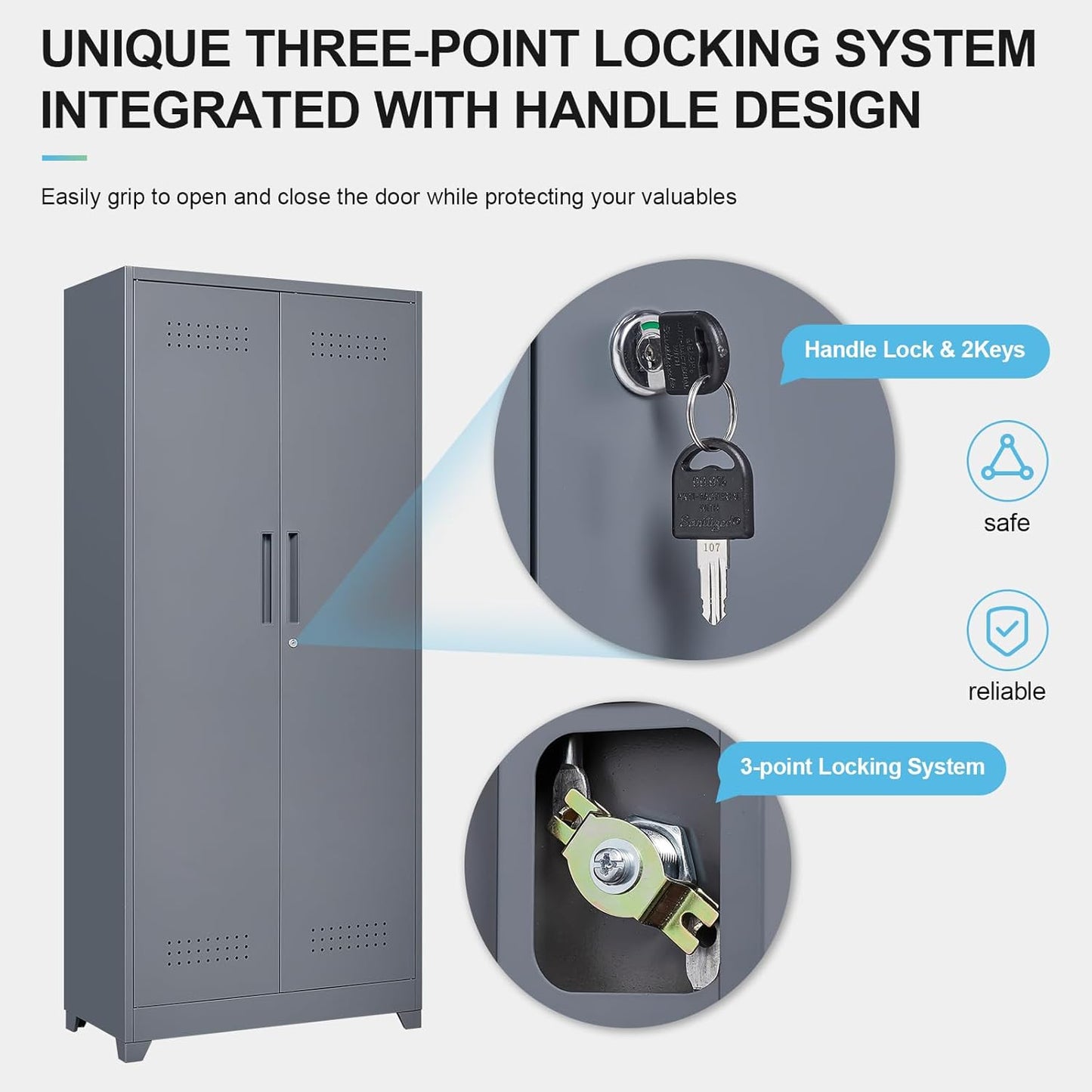 GREATMEET 72.8" Broom Storage Cabinet,Metal Storage Cabinets for Cleaning Supplies with Pegboard, Utility Closet, Broom Mop Cabinet, Grey