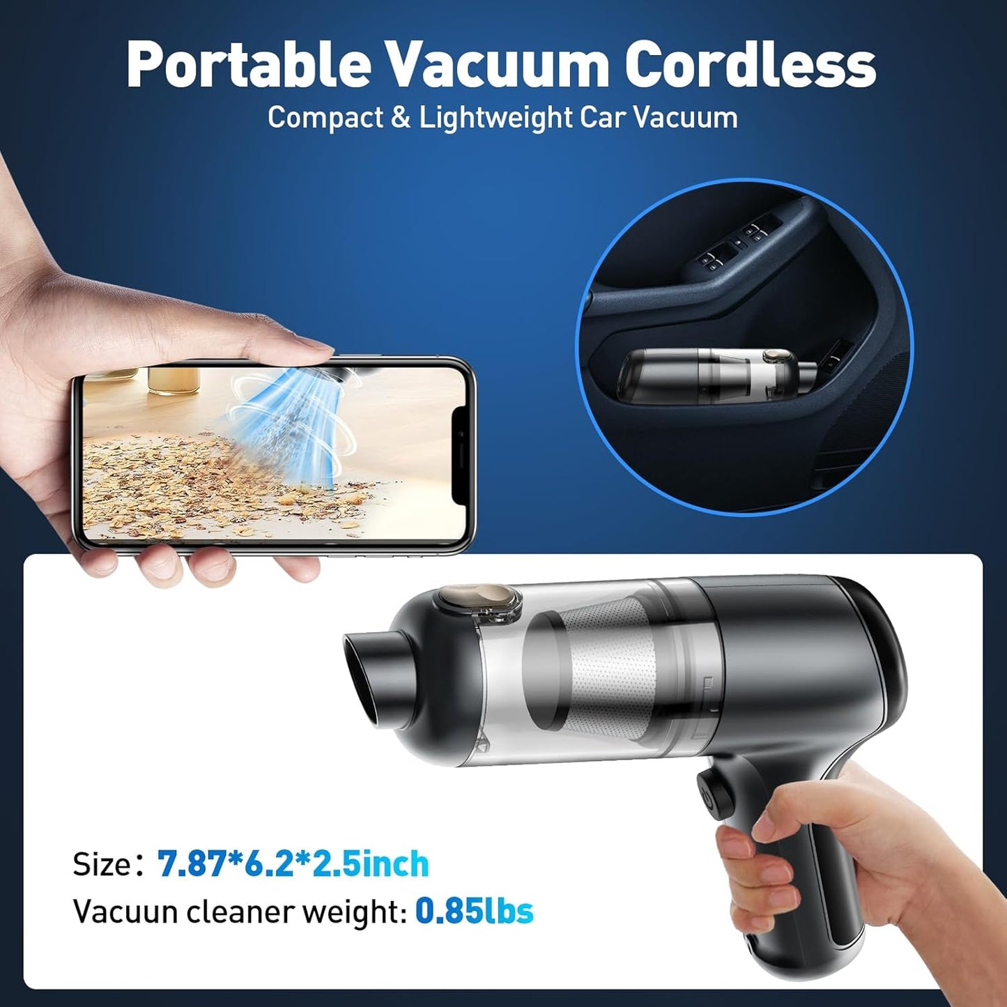 Mini Vacuum Cleaner, 120W High Power Handheld Car Vacuum Cleaner, 2 in 1 Air Duster and Hand Held Vacuum Portable Cordless, Rechargeable Small Vacuum for Car, Home, Office, Pet(Black)