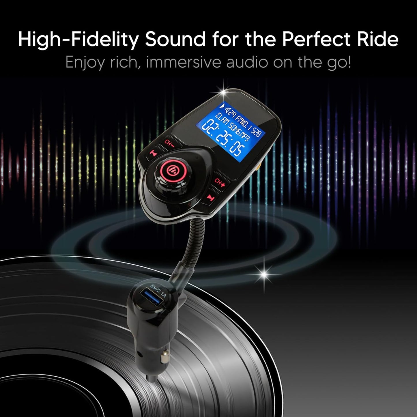 ONN Upgraded 2025 Car Bluetooth FM Transmitter – 1.44" Display, Flexible Gooseneck, Hands-Free Calls, Wireless Music Player, Radio Adapter, USB Charger, Micro SD Card & AUX Support