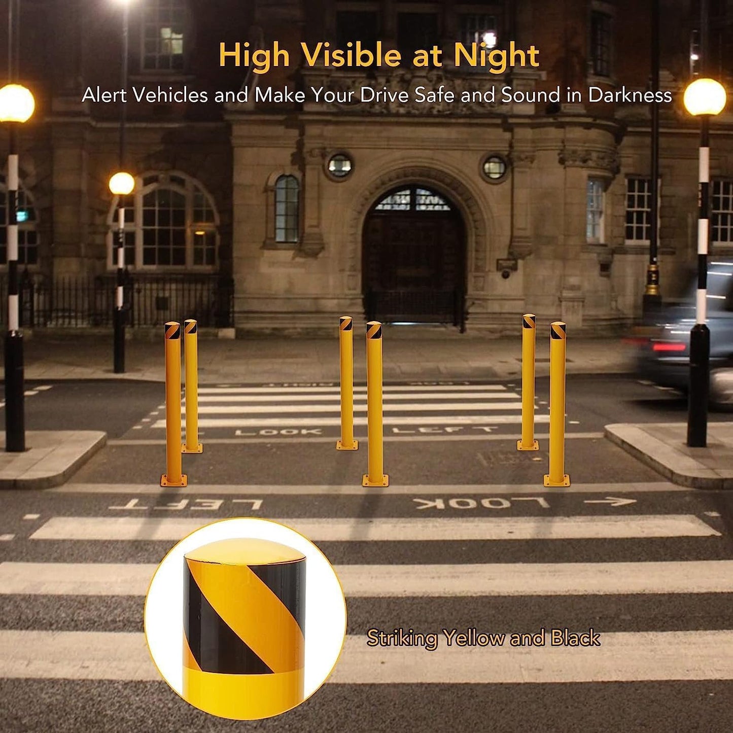 Safety Bollard 6 Packs,36 Inch High Heavy-Duty Yellow Safety Bollard Steel Posts,4.5 Inch Diameter,Safety Bollard with 16 Anchor Bolts - Perfect for Traffic Control, Driveway Barriers,Parking Poles