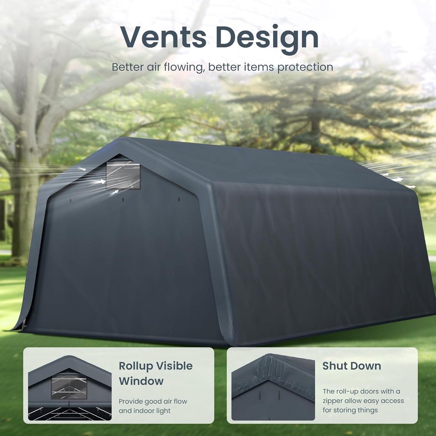 PHI VILLA 13'X22'X9.6' Outdoor Portable Storage Shelter Shed Garage with Roll up Zipper Doors & Vents Carport for Motorcycle Waterproof and UV Resistant Anti-Snow Portable Garage Kit Tent, Gray