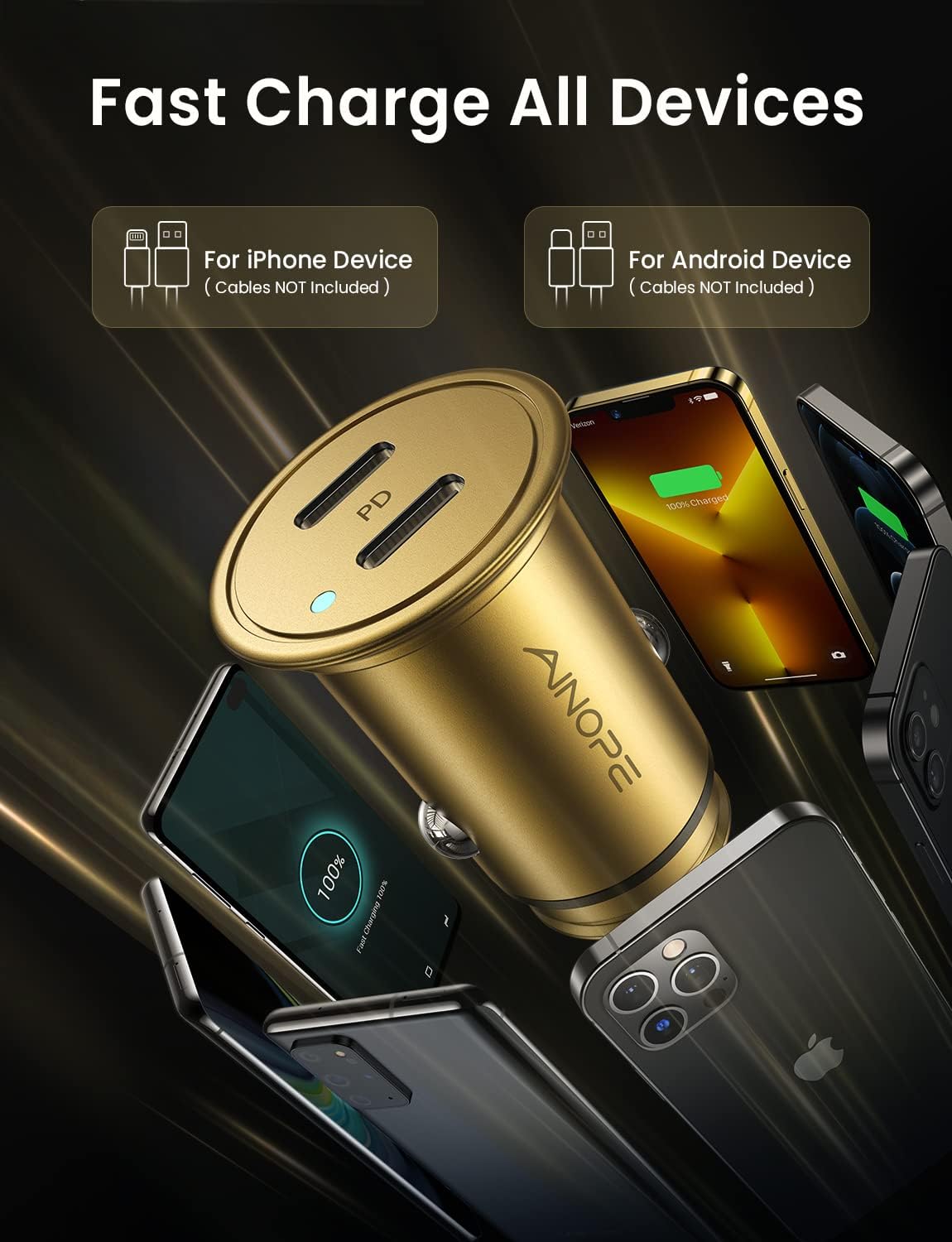 AINOPE Super Fast USB C Car Charger, 56W Fast Charging, Smallest All Metal 12V Car Charger USB C Fit for iPhone 16 Pro Max, Galaxy S24, 2024 iPad Pro - Gold