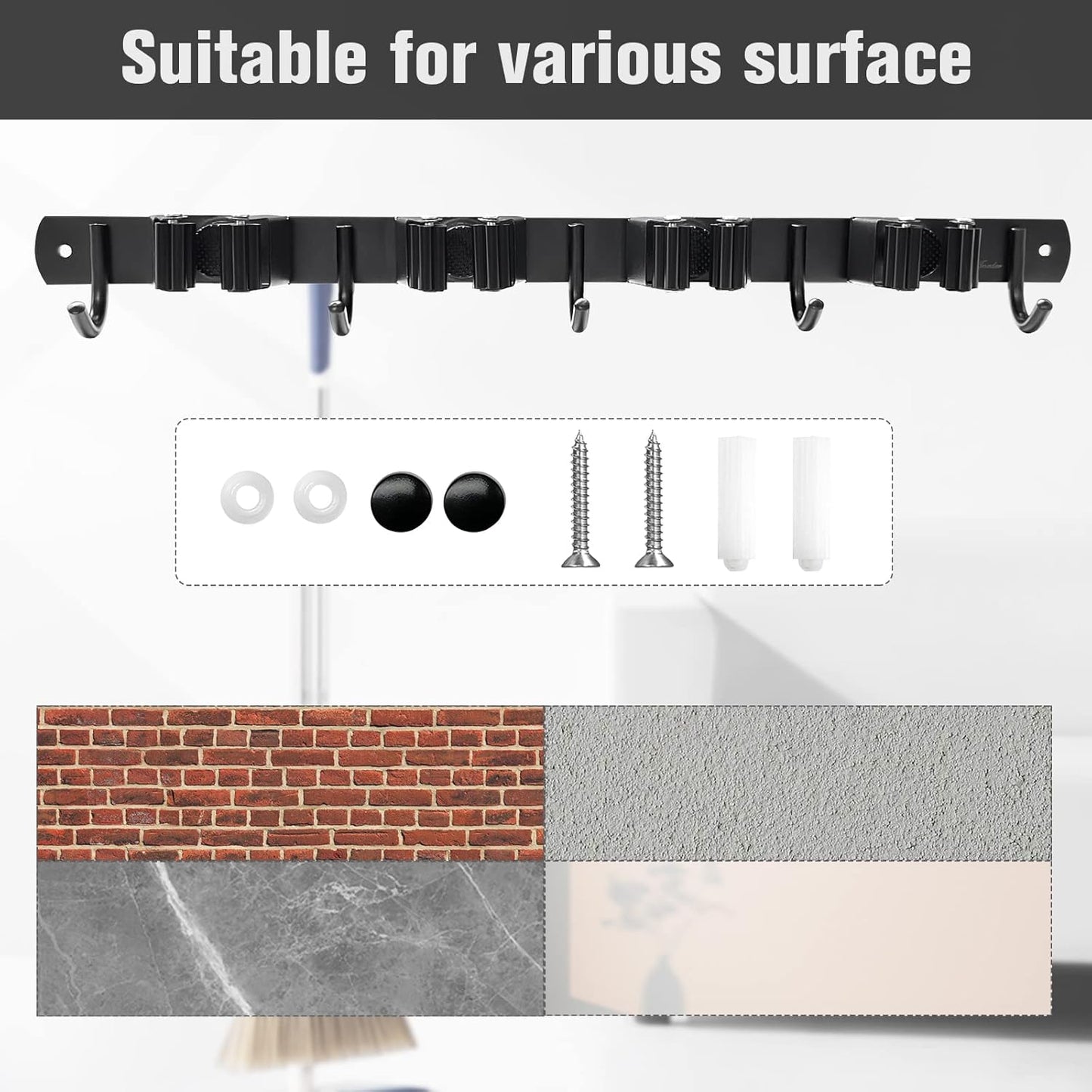 Mop and Broom Holder Wall Mount 4 Racks and 5 Hooks Broom Organizer Storage Tool Racks Stainless Steel Heavy Duty Hooks for Home Kitchen Garden Laundry Garage