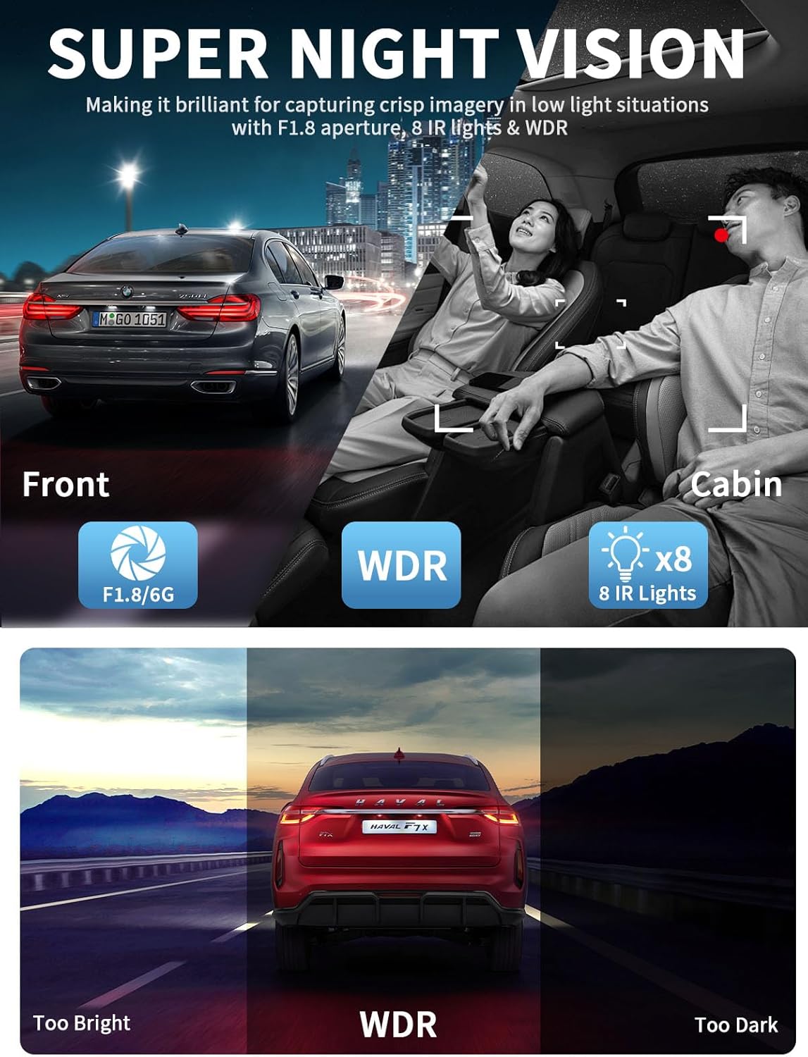 Dash Cam Front and Rear, 360 Dgree View 4 Channel Dash Camera for Cars 2K FHD, Mini Dashcam Built-in WiFi, Car Camera with 64GB Card, Voice Control, Night Vision,WDR,24/7 Parking Mode, V30-4CH