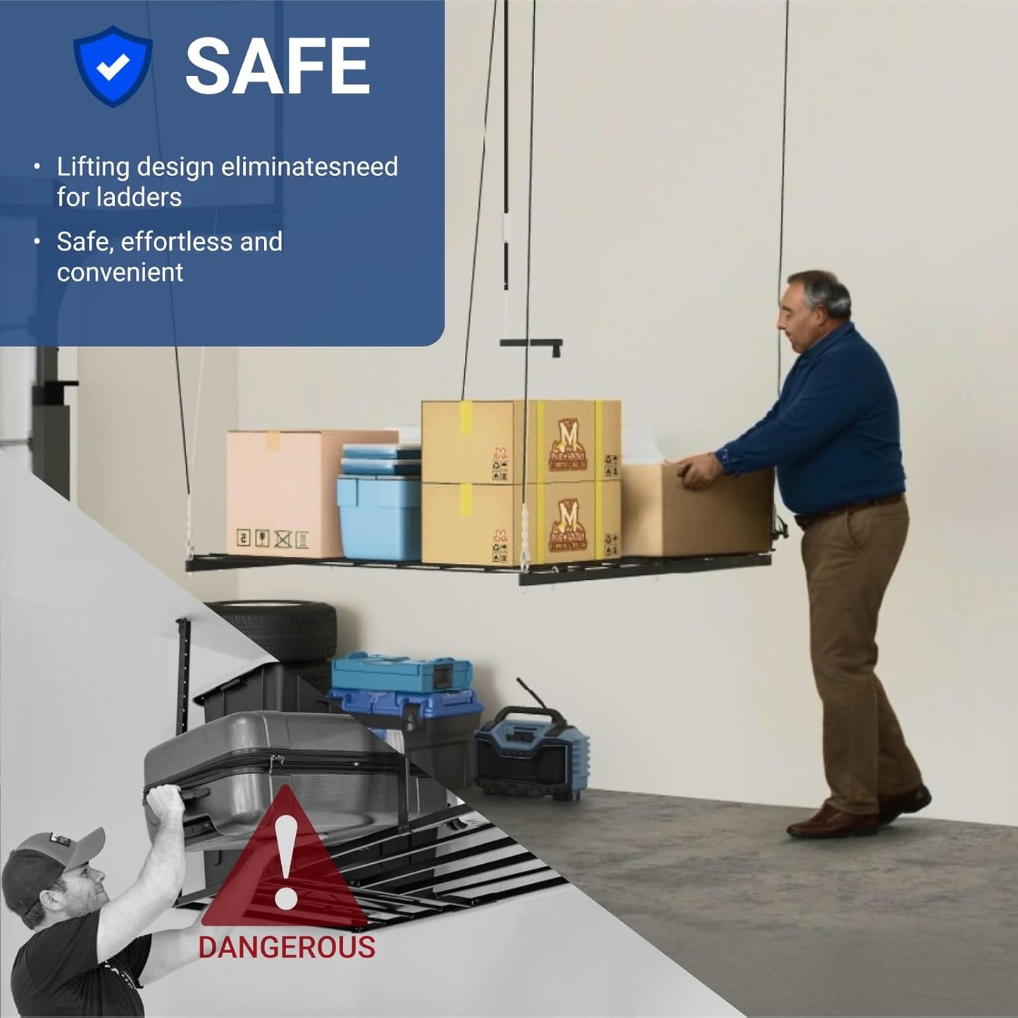 FLEXIMOUNTS GL1 Overhead Garage Lifting Storage Rack, 4x4 Ft Heavy-Duty Metal Garage Ceiling Rack, Adjustable Organization System With 71''L Axle, 300lbs Weight, Black