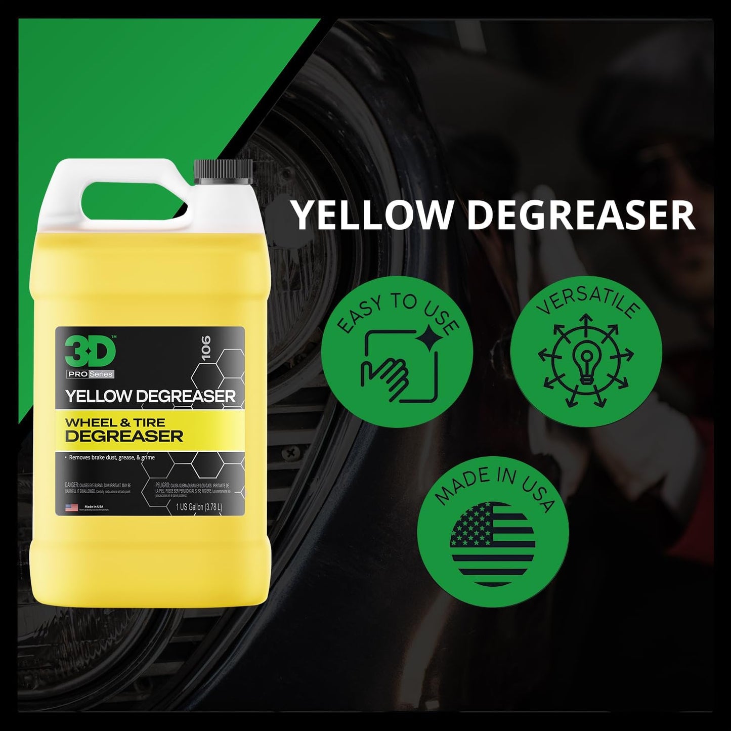 3D Yellow Degreaser – Non-Acid Wheel & Tire Cleaner Spray for Brake Dust, Grime & Tire Dressings – Safe for All Wheels & Whitewalls - 1 Gallon
