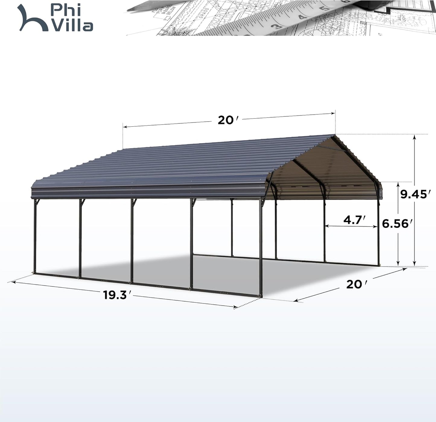 PHI VILLA 2 car Metal Carports 20 x 20 ft Carport with Galvanized Steel Roof, Sturdy Heavy Duty Metal Carport for Cars, Boats, and Tractors