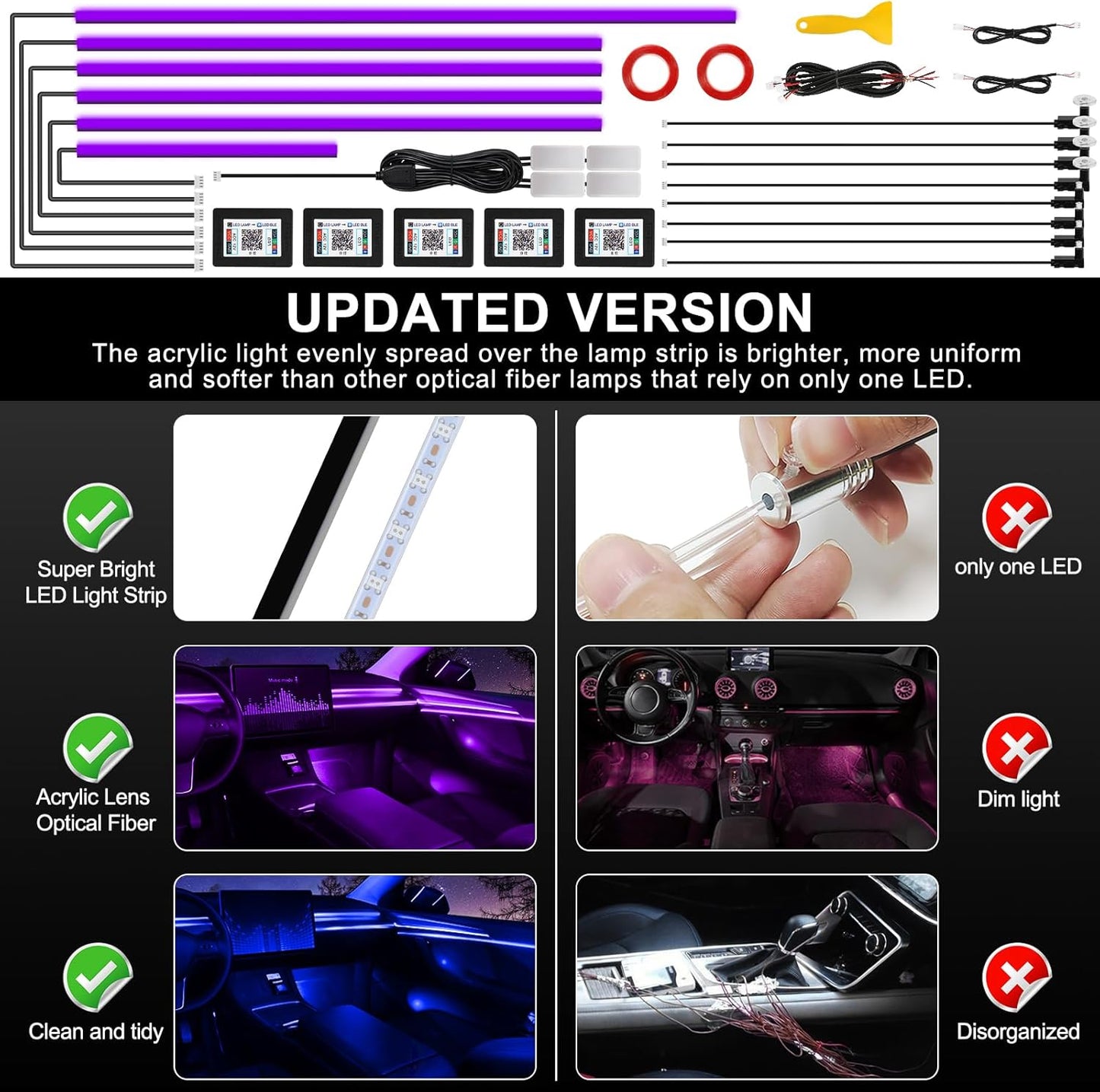 Acrylic Interior Car LED Strip Light with Wireless APP, Car Accessories 18 in 1 with 175 inches 593 LEDs Fiber Optic Ambient Lighting Kits, RGB Dynamic Music Sync Neon LED Strip Light for Car