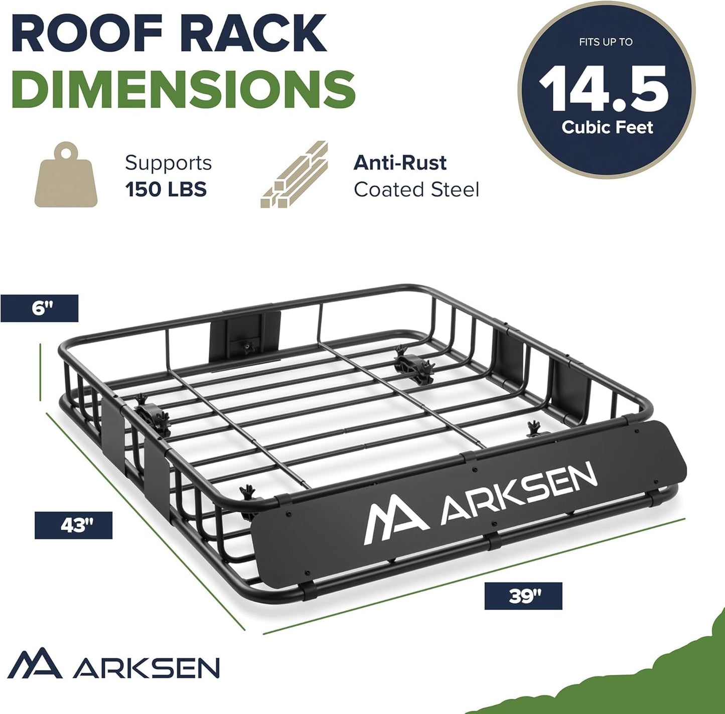 ARKSEN 43 x 39 x 6 Inch Universal 150LB Heavy Duty Roof Rack Cargo with Cargo Net, Car Top Luggage Holder Carrier Basket with Extension for SUV, Truck, & Car Steel Construction