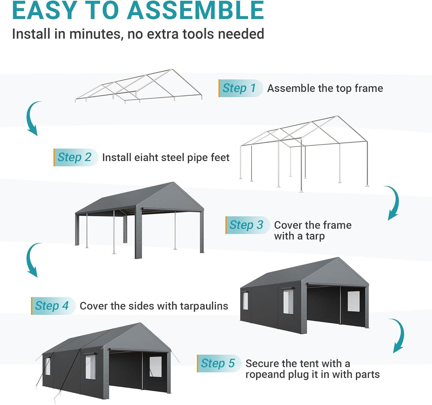 Carport, 13x25 FT Heavy Duty Car Port with Side-Opening Door & Roll-Up Windows, Outdoor Portable Garage Reinforced Four-Hole Base for Car, Truck, Boat, Motorcycle
