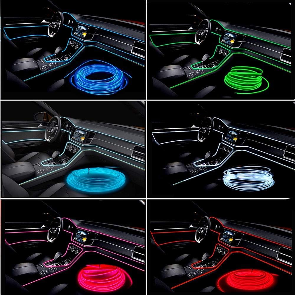 El Wire Pink Interior Car LED Strip Lights, 3M Neon Wire USB 5V with Fuse Protection for Automotive Interior Decoration, with 6mm Sewing Edge