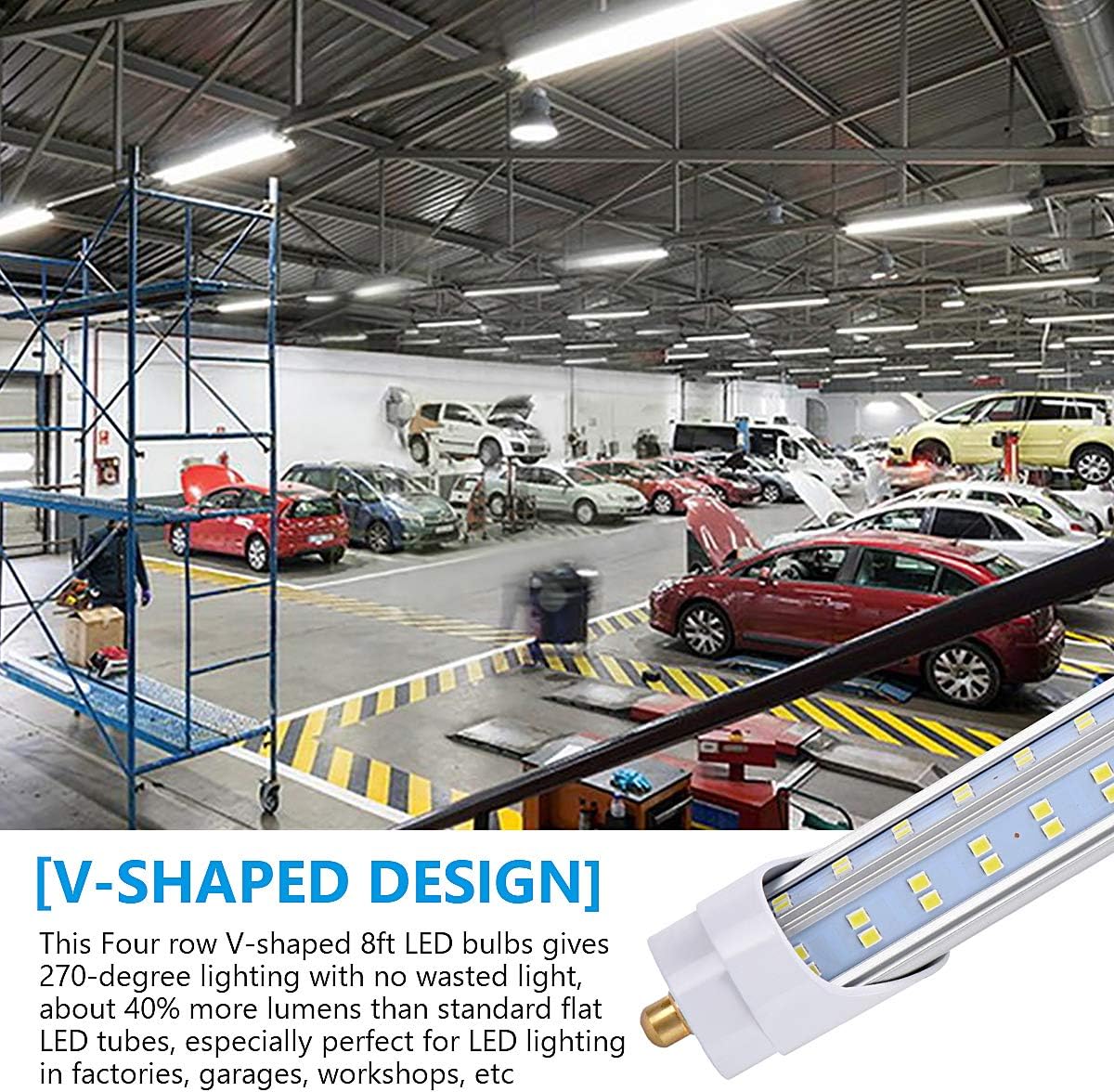 20 Pack, 8 Foot LED Bulbs, 150W 19000lm 6000K, Super Bright, T8 T10 T12 LED Tube Lights, 4 Rows V Shape, FA8 Single Pin LED Lights, Clear Cover, 8 Foot LED Bulbs to Replace Fluorescent Light Bulbs